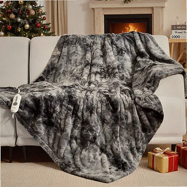 WOOMER Heated Blanket Throw 50" × 60", Marble Grey - Faux Fur &